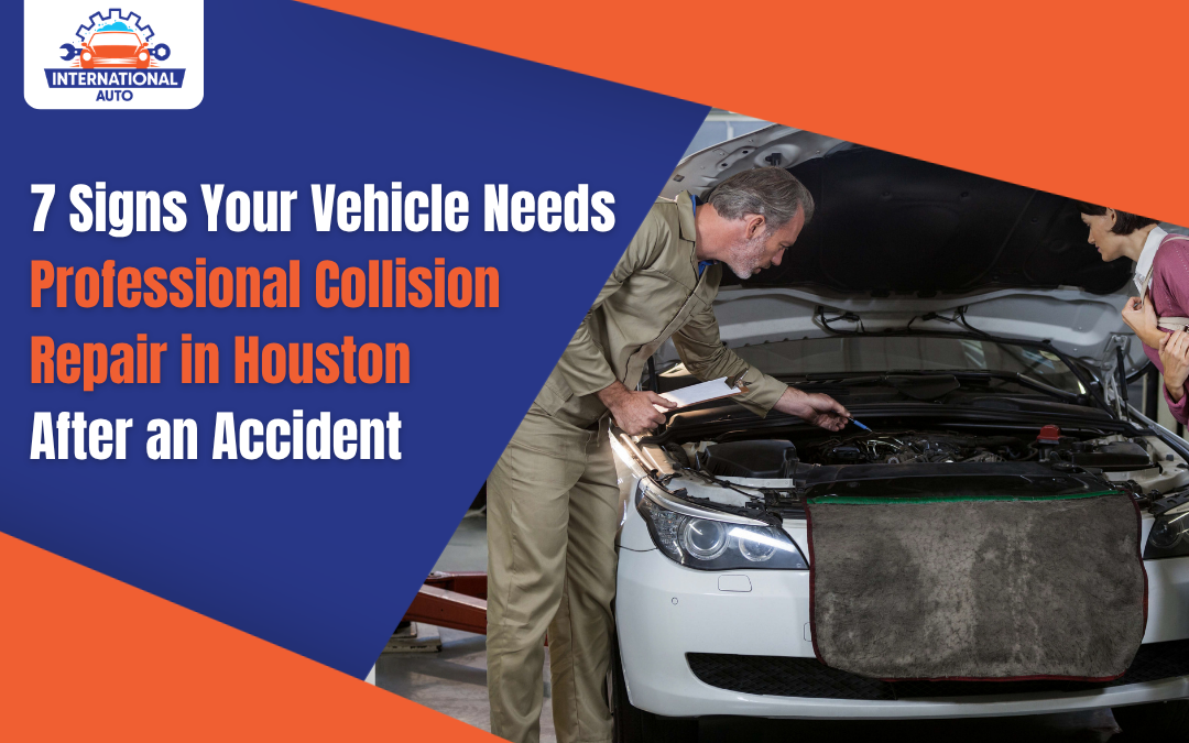 professional collision repair Houston TX — damaged vehicle at International Auto body shop
