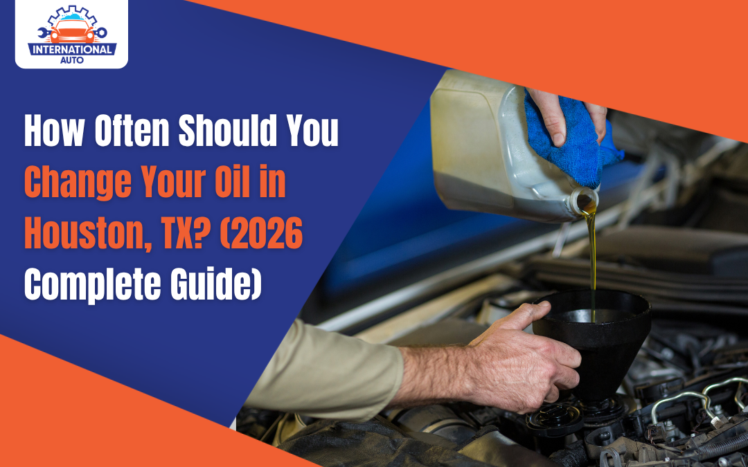 Car engine oil change service at a professional auto repair shop in Houston TX.